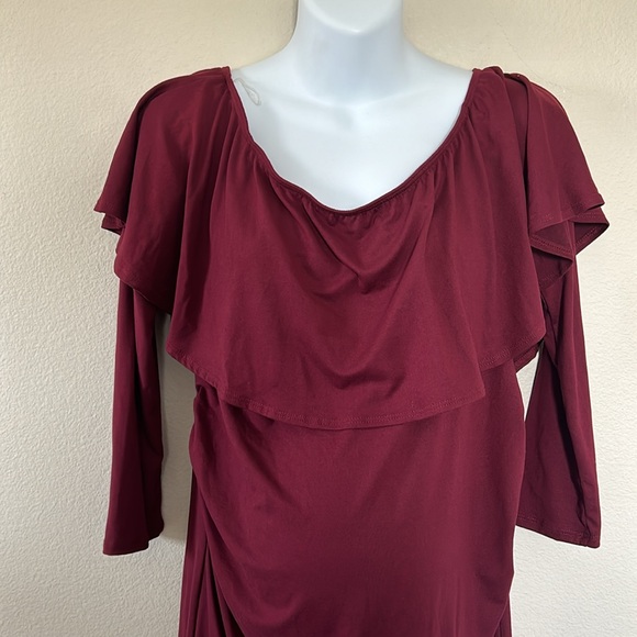 PinkBlush Maroon Burgundy Ruffle Trim Off Shoulder Fitted Maternity Dress - Picture 5 of 9